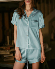 Short Sleeve Silk Pajama Set with Contrast Piping