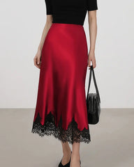 Silk Bias Cut Midi Skirt with Lace Trim