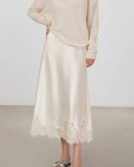 Silk Bias Cut Midi Skirt with Lace Trim