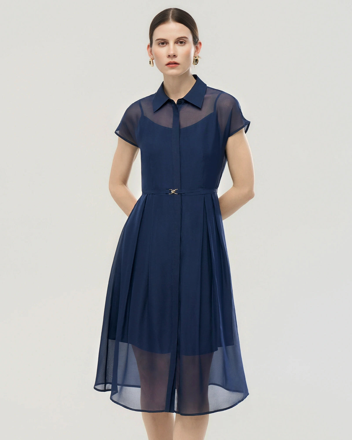 Silk Chiffon Belted A Line Shirt Dress