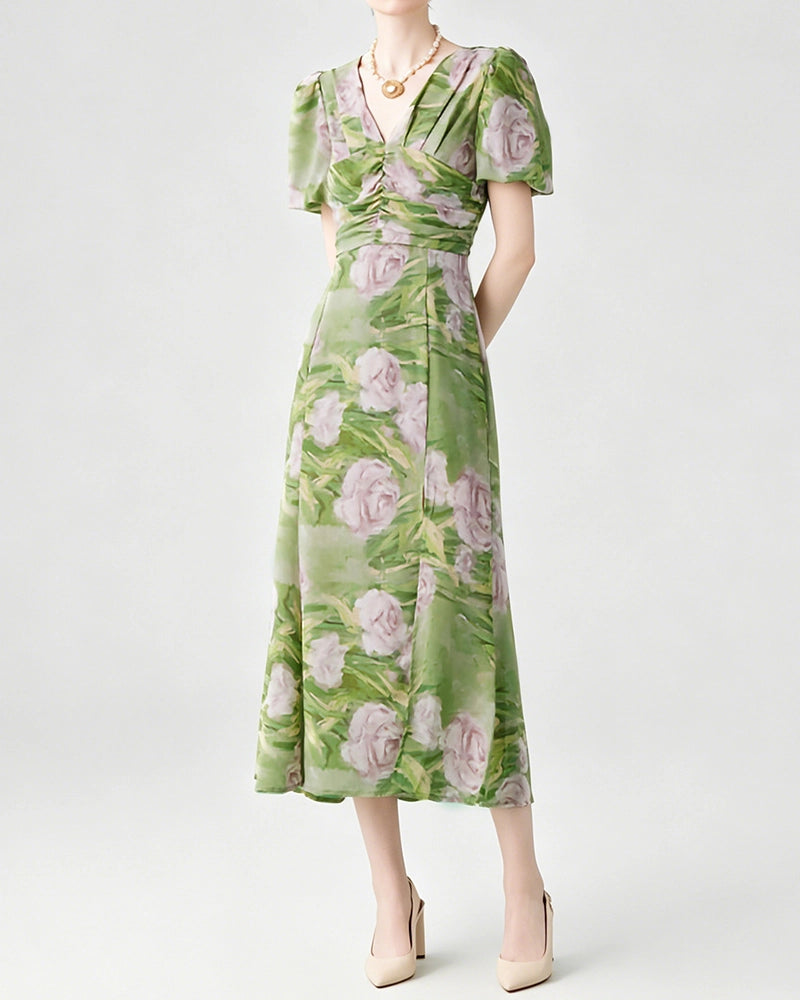 Silk Floral V-Neck Puff Sleeve Midi Dress