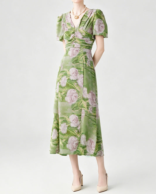 Silk Floral V-Neck Puff Sleeve Midi Dress