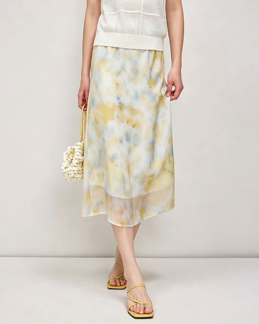 Silk Georgette Watercolor Print Midi Skirt