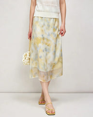 Silk Georgette Watercolor Print Midi Skirt