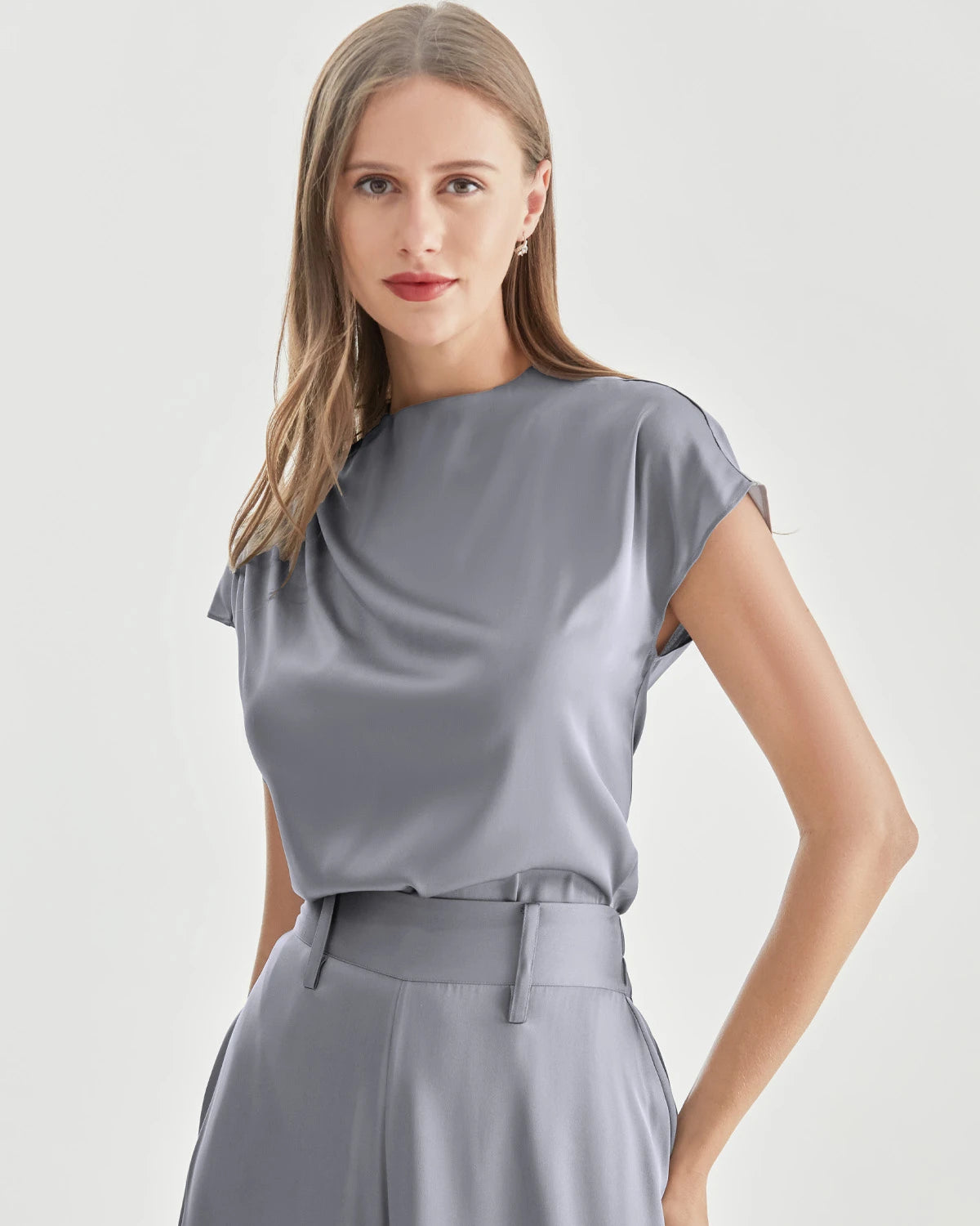 Silk High Neck Short Sleeve T-shirt