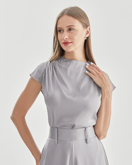 Silk High Neck Short Sleeve T-shirt Grey