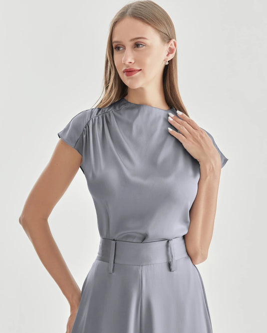 Silk High Neck Short Sleeve T-shirt