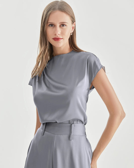 Silk High Neck Short Sleeve T-shirt