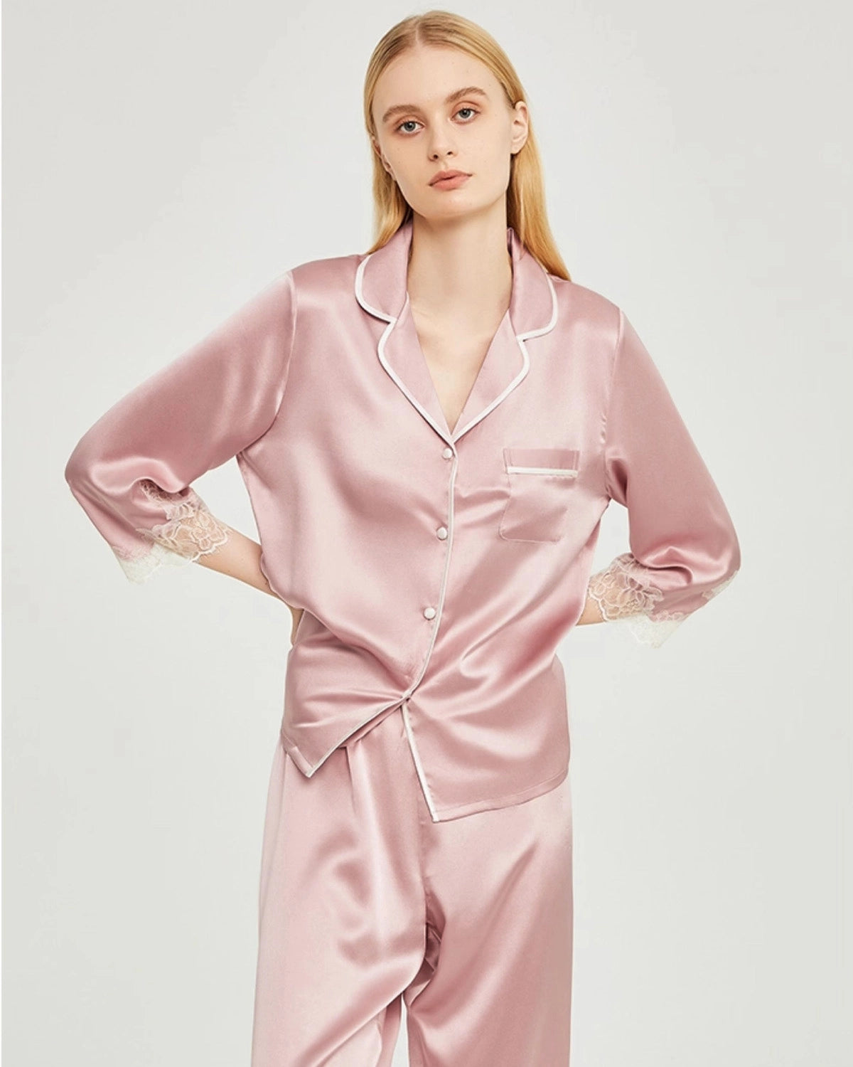 Silk Lace Trim Pajama Set for Women