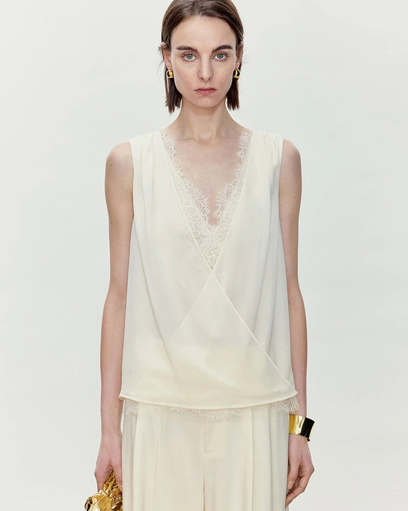 Silk Lace Trim V Neck Sleeveless Top