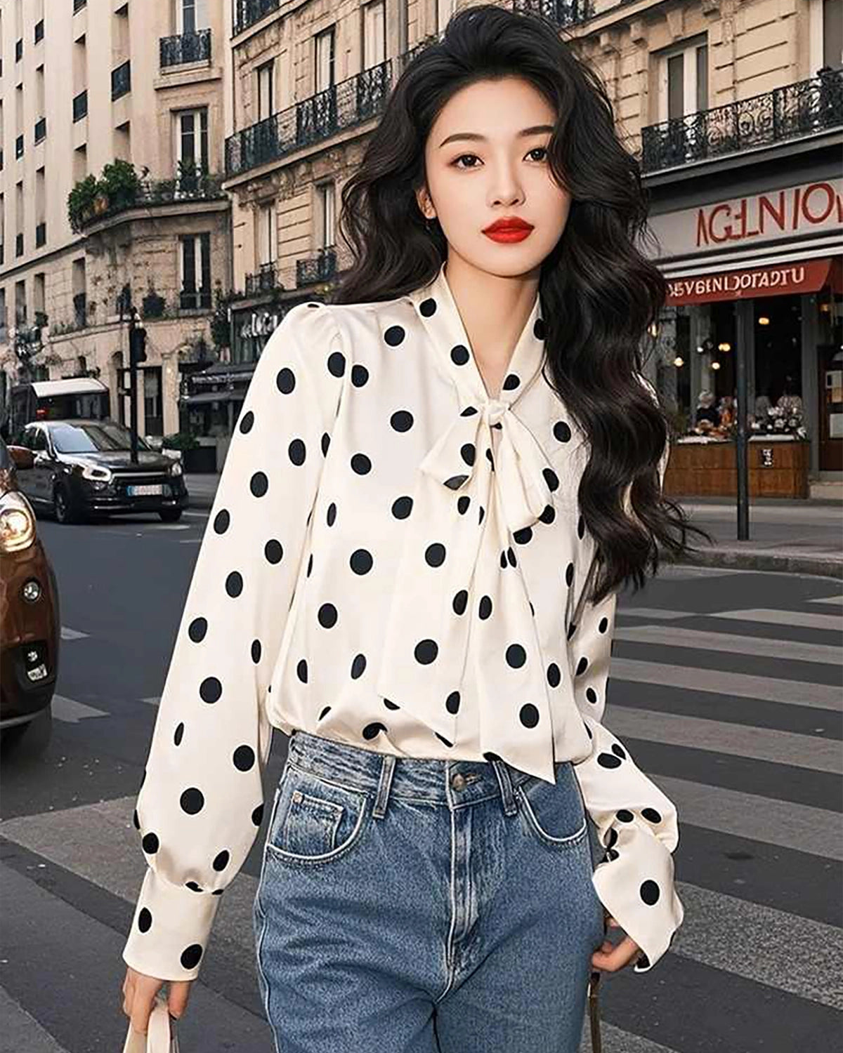 Silk Polka Dot Bow Blouse