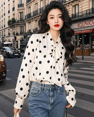 Silk Polka Dot Bow Blouse