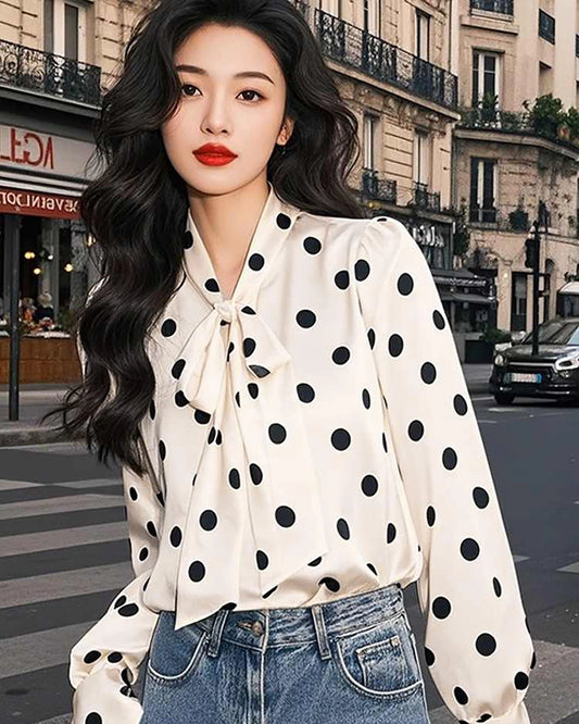 Silk Polka Dot Bow Blouse