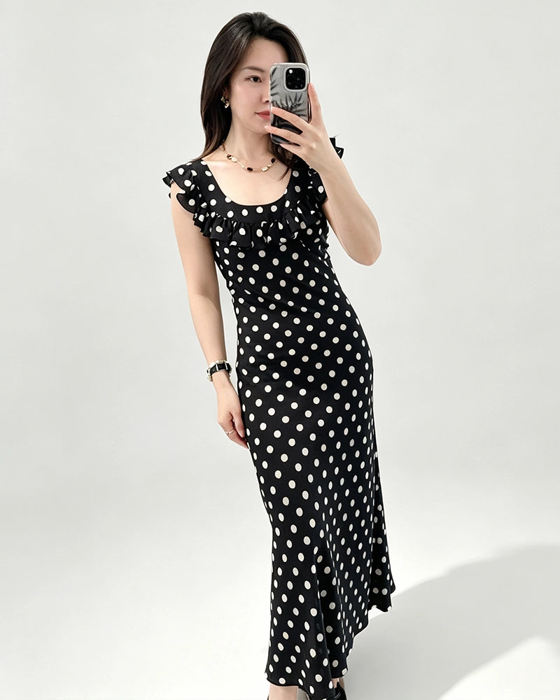 Silk Polka Dot Ruffle Neckline Maxi Dress
