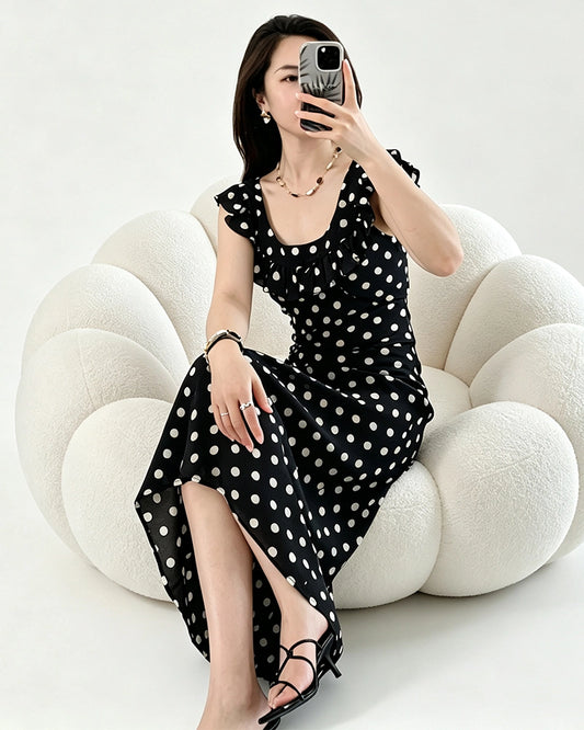 Silk Polka Dot Ruffle Neckline Maxi Dress