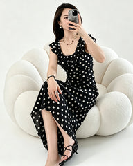 Silk Polka Dot Ruffle Neckline Maxi Dress