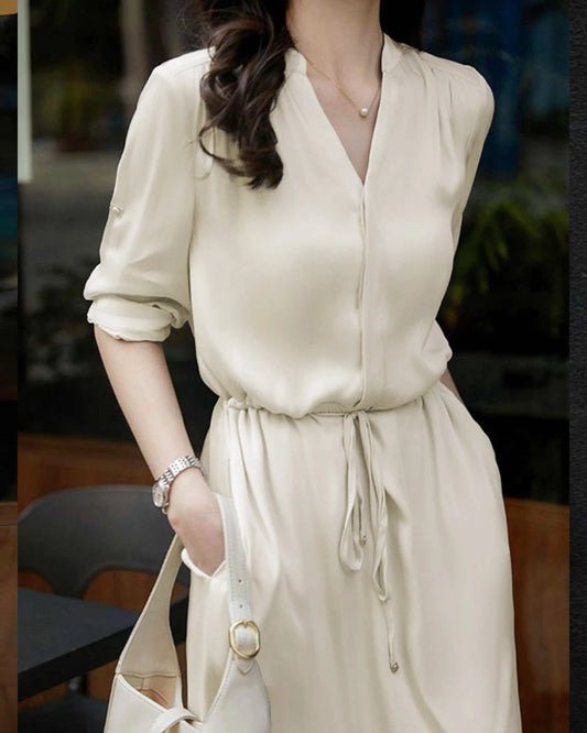 Silk Shirt Dress with Drawstring Waist