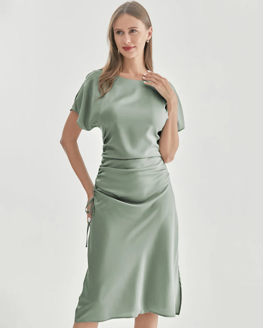 Silk Short Sleeve Pleated Dress