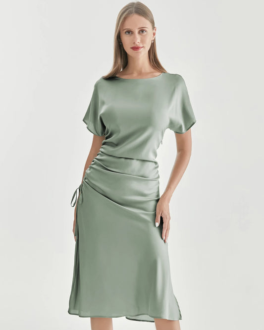 Silk Short Sleeve Pleated Dress