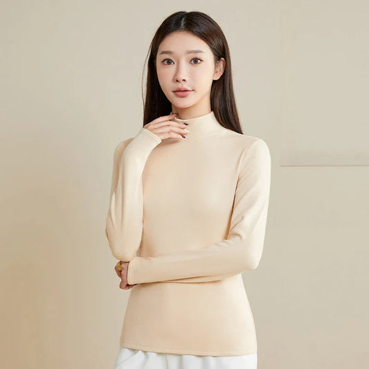 Silk Thermal Mock-Neck Top Beige