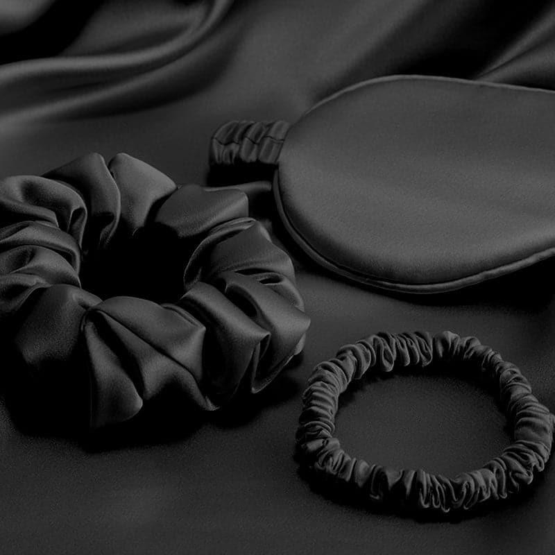 Silk Travel Suit 3 PCS Scrunchy Pillowcase And Eyemask Black