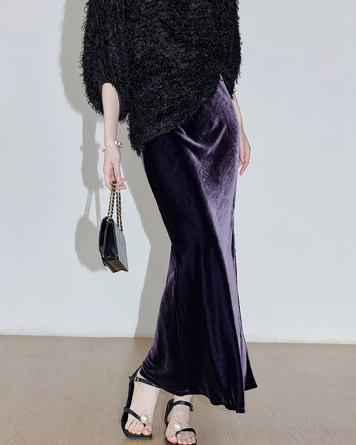 Silk Velvet Side Slit Maxi Skirt