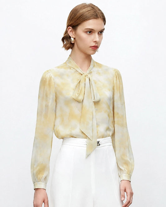 Silk Watercolor Print Tie Neck Blouse