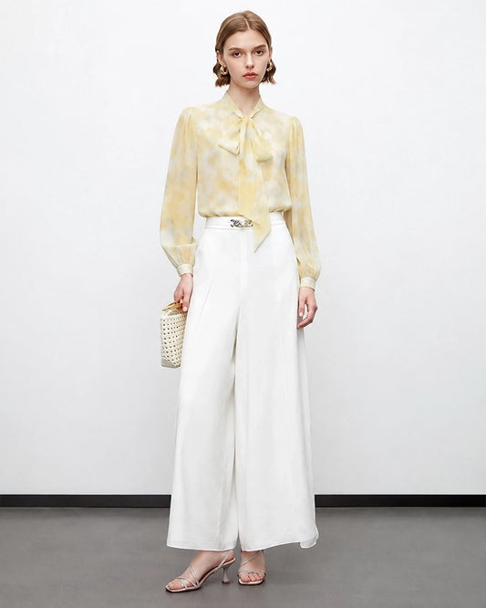 Silk Watercolor Print Tie Neck Blouse
