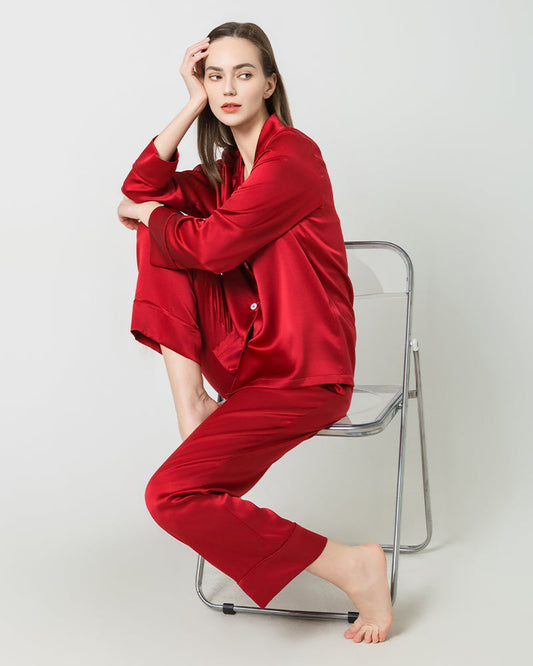 Silk Women Full Length Pajamas Set Burgundy