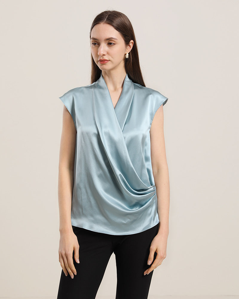 Sleeveless V-Neck Top Silk Blouse Haze Blue