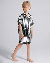 Short Stripe Pajamas Set Kid's Silk Nightwear