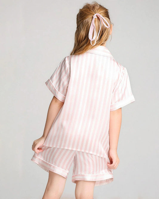 Short Stripe Pajamas Set Kid's Silk Nightwear