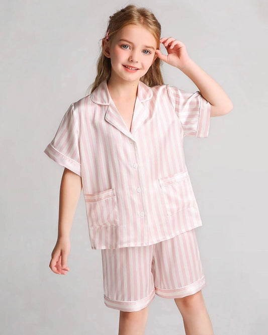 Short Stripe Pajamas Set Kid's Silk Nightwear
