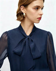 Tie Neck Silk Blouse with Sheer Sleeves