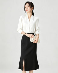 Triacetate High Waist Slit Hem Skirt