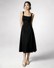 Triacetate Square Neck Pleated Waist Midi Dress