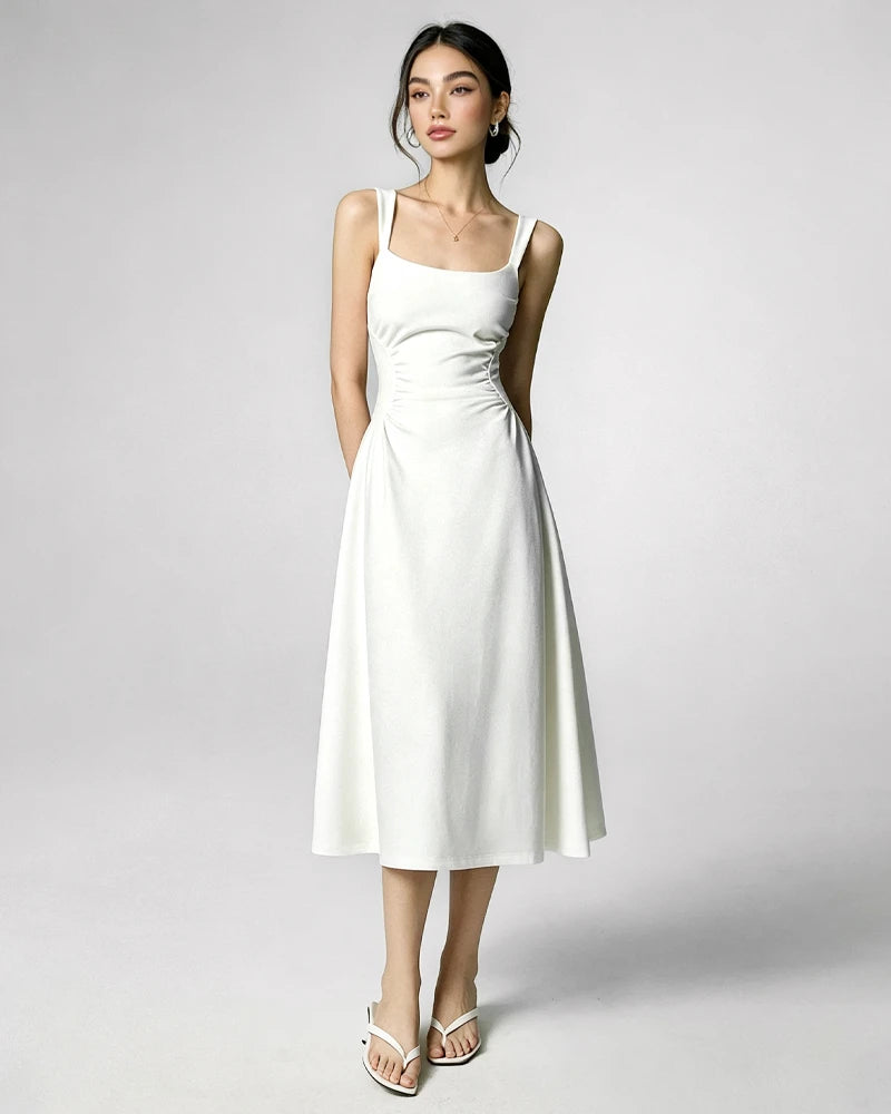 Triacetate Square Neck Pleated Waist Midi Dress