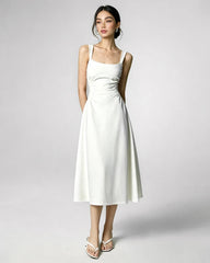 Triacetate Square Neck Pleated Waist Midi Dress