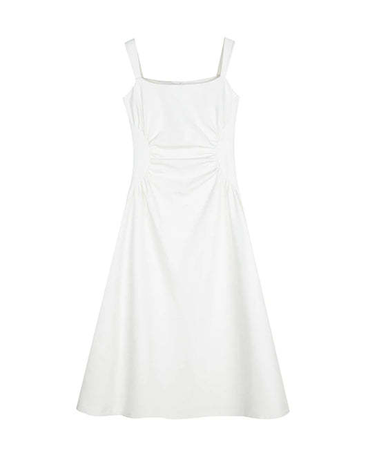 Triacetate Square Neck Pleated Waist Midi Dress