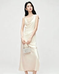 Triacetate Cowl Neck Gathered Waist Sleeveless Dress