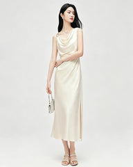 Triacetate Cowl Neck Gathered Waist Sleeveless Dress
