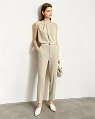 Triacetate Pleated Crew Neck Sleeveless Blouse