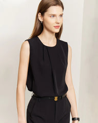 Triacetate Pleated Crew Neck Sleeveless Blouse