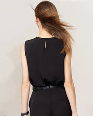 Triacetate Pleated Crew Neck Sleeveless Blouse