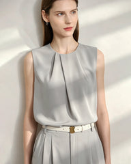 Triacetate Pleated Crew Neck Sleeveless Blouse