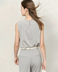 Triacetate Pleated Crew Neck Sleeveless Blouse