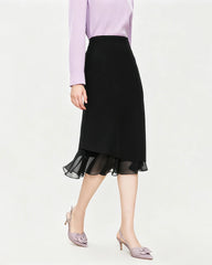 Triacetate Sheer Silk Ruffle Hem Midi Skirt
