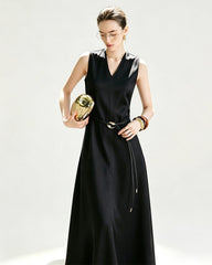 Triacetate V Neck A Line Maxi Dress with Silk Lining