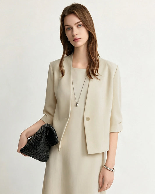 Triacetate V-Neck Cropped Blazer with Silk Lining
