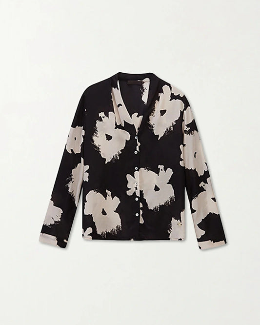 V Neck Floral Silk Blouse Long Sleeve